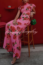 Cheongsam Style Rose Floral Print Tiered Flare Sleeve Stretch Maxi Dress