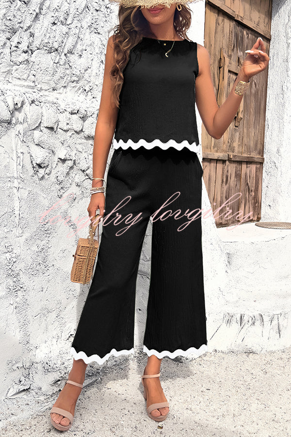 Wave Trimmed Round Neck Buttoned Elastic Waist Pants Suit