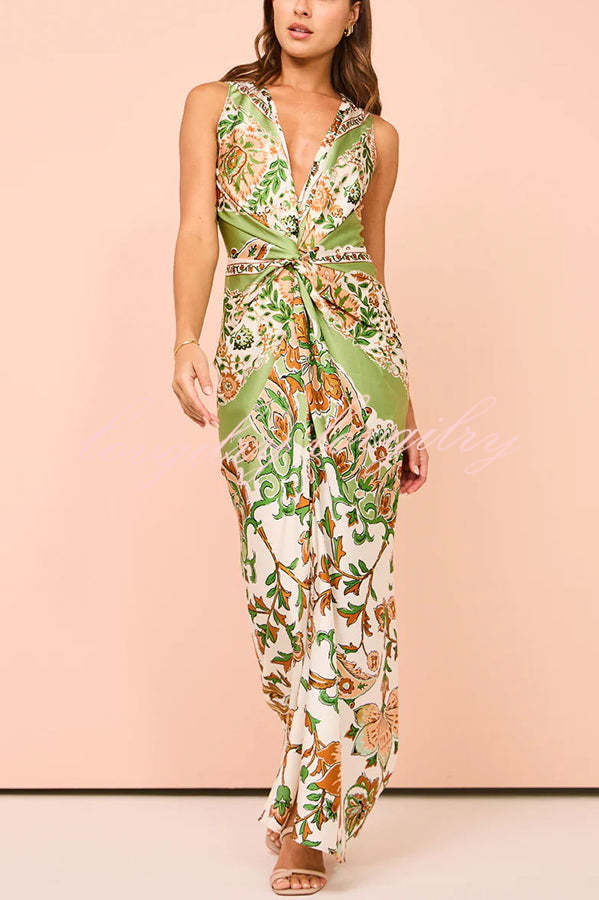 Gaia Satin Unique Paisley Print Central Twist Knot Detail Slit Maxi Dress