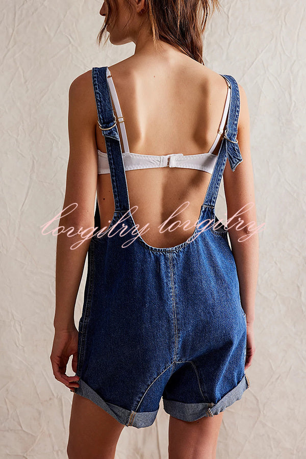 Stylish Loose Sleeveless Pocket Straps Adjustable Denim Rompers