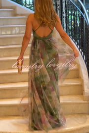 Kerrie Tulle Render Floral Print Cross Back Straps Maxi Dress