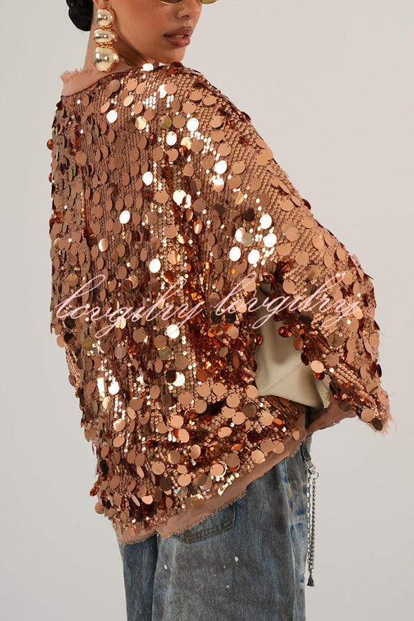 Fashion Sequined Long-sleeved V-neck Loose Lace-up Cardigan