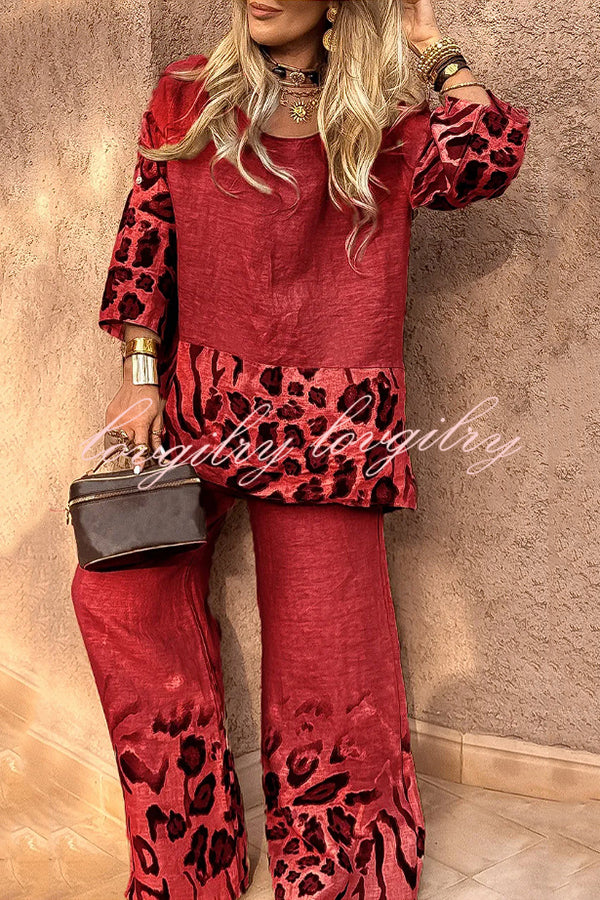 Leopard Print Crew Neck Loose Top and Elastic Waist Casual Wide-leg Pants Set