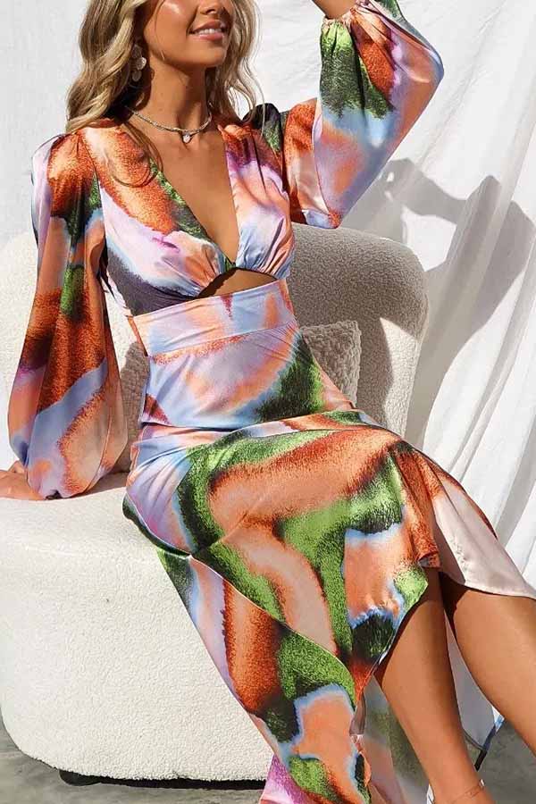 Own The Evening Satin Neon Print Cutout Midi Dress