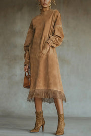 Solid Color Suede Loose Long-sleeved Casual Pocket Tassel Hem Midi Dress