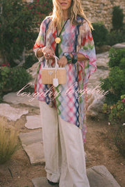 Sun Washed Knit Colorful Zigzag Pattern Asymmetric Hem Loose Cover-ups Kaftan