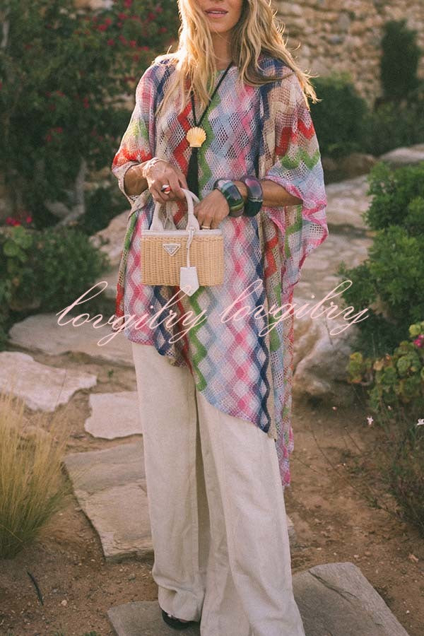 Sun Washed Knit Colorful Zigzag Pattern Asymmetric Hem Loose Cover-ups Kaftan