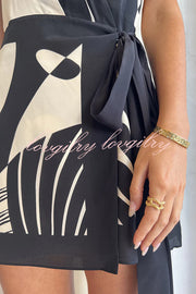 Unique Printed Open Back Waist Tie Holiday Mini Dress