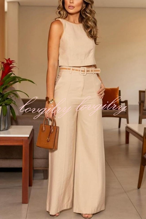 Slim Fit Sleeveless Crew Neck Top and High Waist Pocket Wide Leg Pants Set