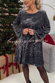 Velvet Sequin Back Bow Bell Sleeves Loose Mini Dress