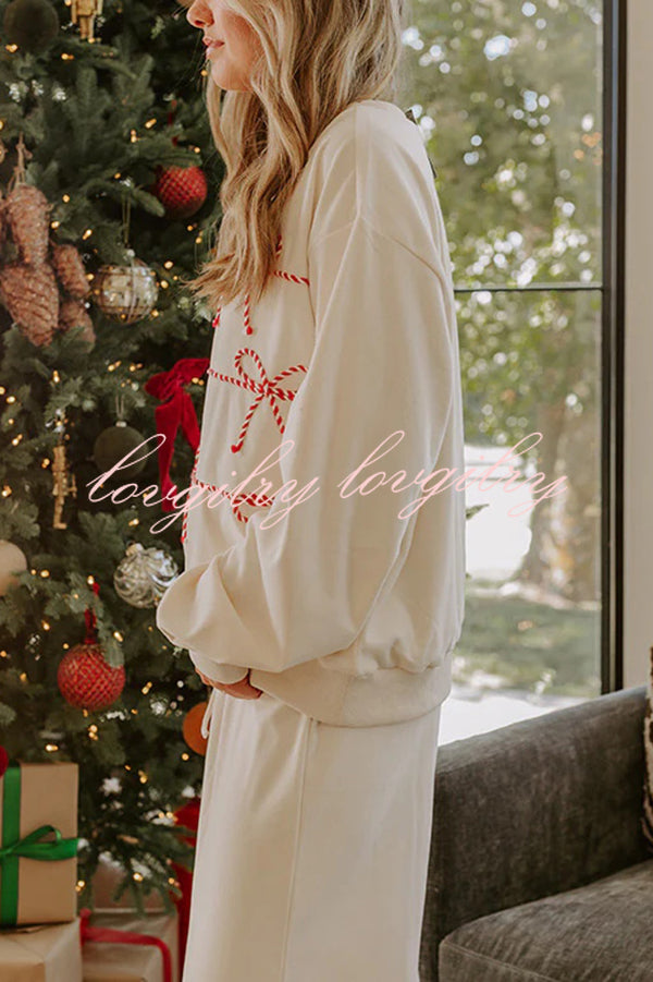 Candy Cane Cutie Loose Bow Tie Long-Sleeved Sweatshirt and Elastic Waist Pocket Pants Set