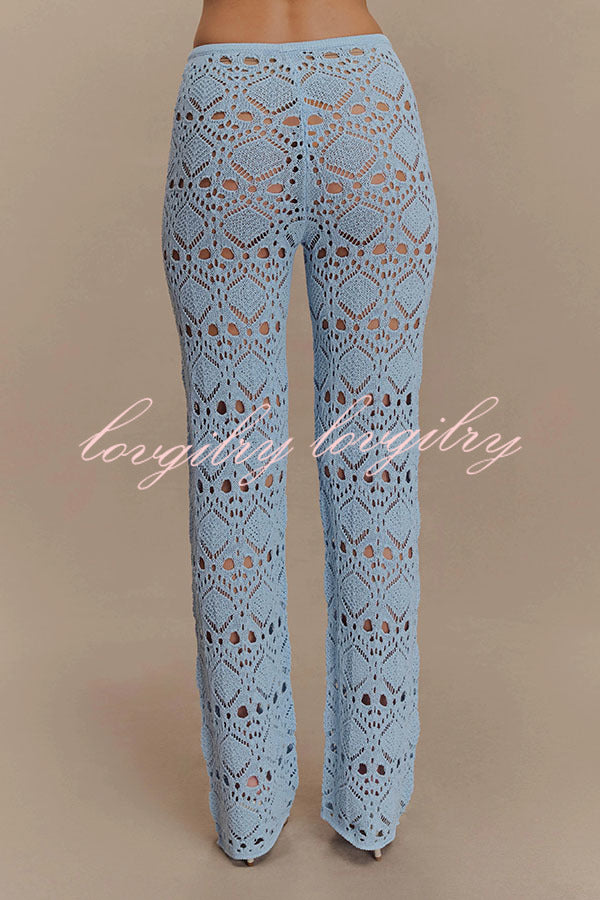 Trena Crochet Knit Hollow Mid Rise Stretch Wide Leg Pants