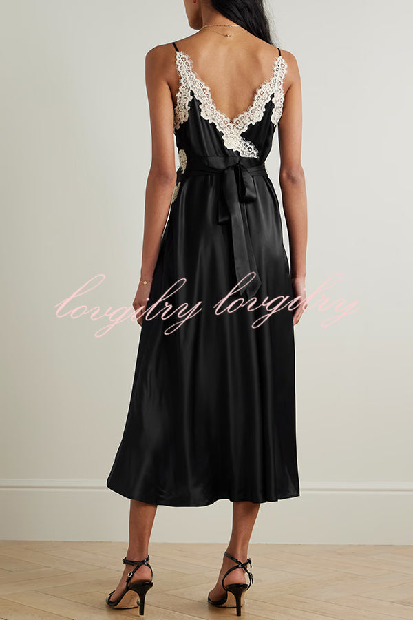 Dreaming of You Contrast Color Satin Lace Trim Back Tie-up Slip Midi Dress
