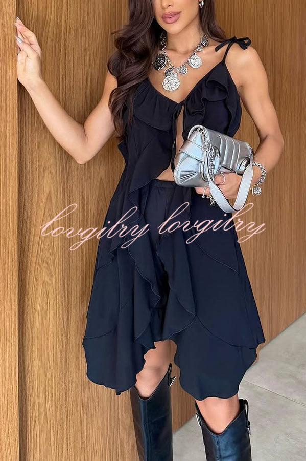 Beauty of Flow Ruffles Tie-up Slit Midi Top and Elastic Waist Shorts Set