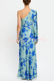 Satin Botanical Print One-Sleeve Resort Maxi Dress