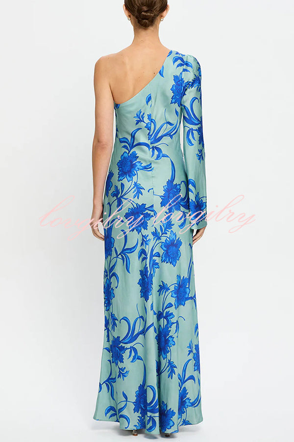 Satin Botanical Print One-Sleeve Resort Maxi Dress