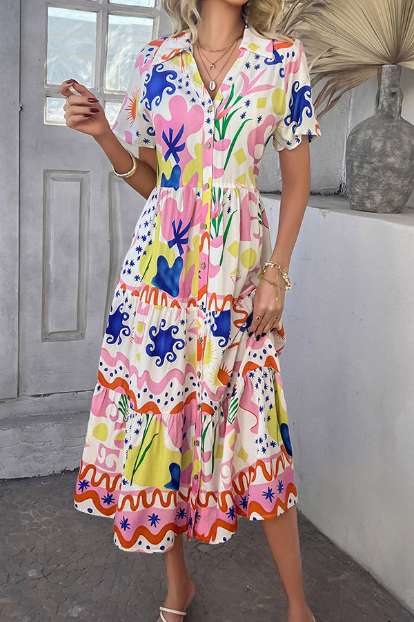 Bohemian Resort Style Print Casual Short Sleeve Button Midi Dress