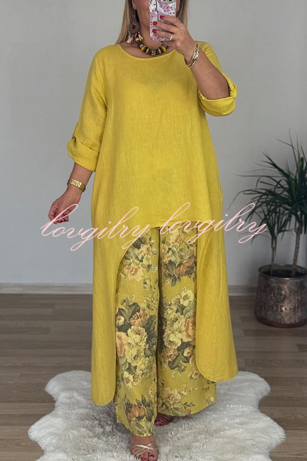 Linen Blend Crew Neck Long Sleeve Irregular Loose Top and Elastic Waist Floral Print Casual Pocket Set
