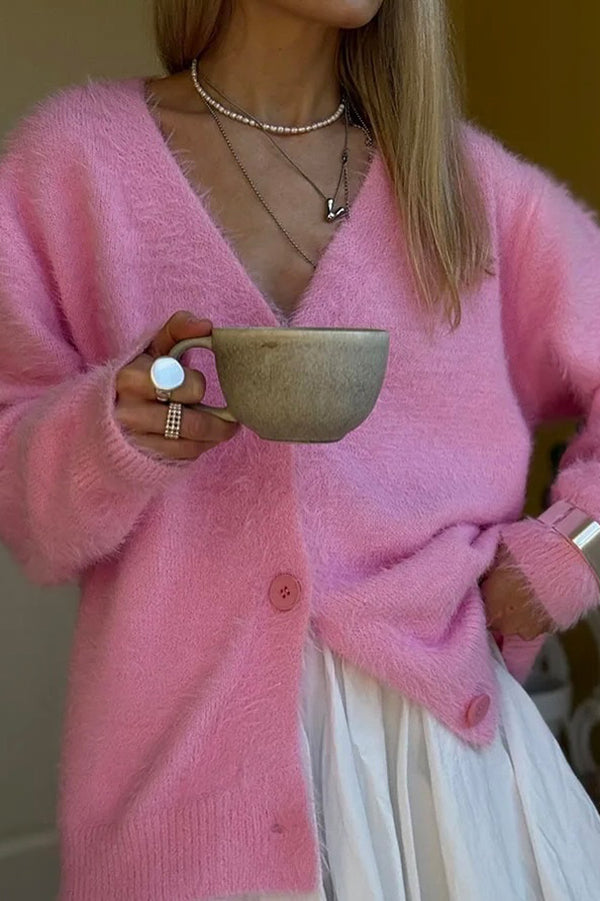 Solid Color Loose V-neck Long-sleeved Lazy Knitted Cardigan