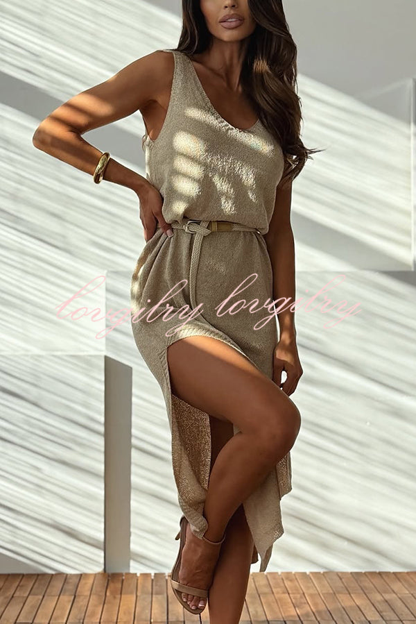 Fashion Sleeveless V-neck Sexy Two-side Slit Midi Dress