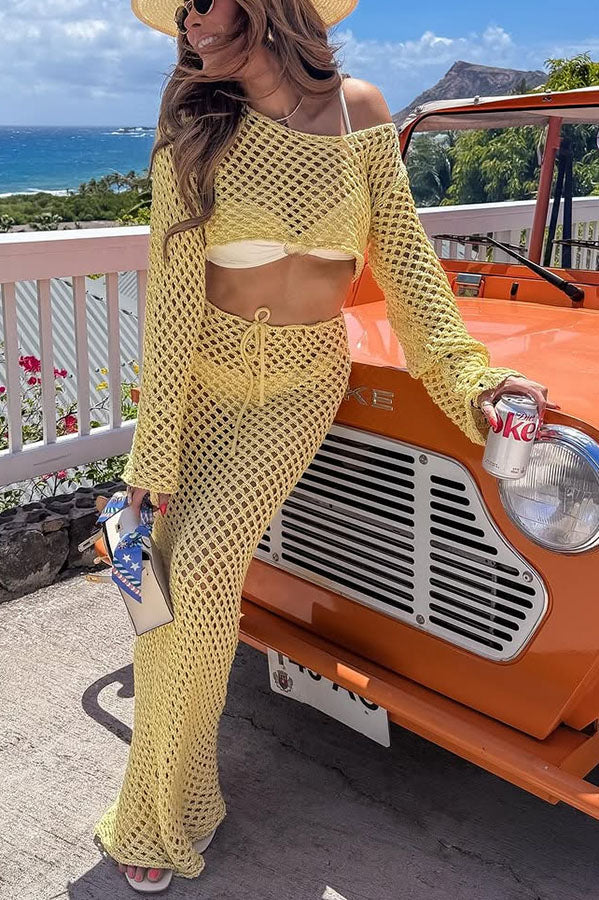 At The Coast Knit Hollow Out Long Sleeve Crop Top and Drawstring Low Rise Maxi Vacation Skirt Set