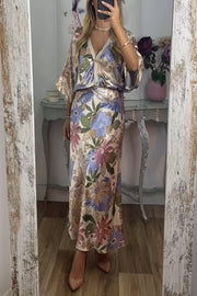 Satin Floral Print V-neck Half-sleeve Loose Top and Elegant Maxi Skirt Set
