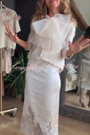 Orozco Knit Organza Bow Button-down Long Sleeve Loose Cardigan