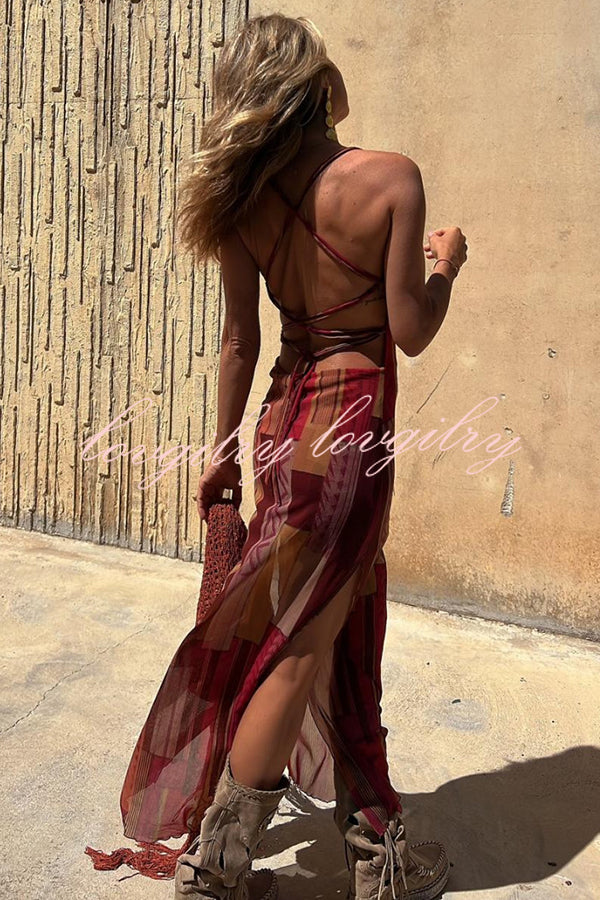 Gypsy Style Unique Print Cowl Neck Back Lace-up Slit Midi Dress