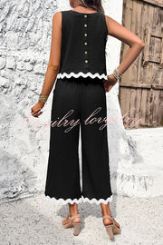 Wave Trimmed Round Neck Buttoned Elastic Waist Pants Suit