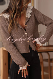 Fashionable Lace-trimmed Sailor Collar Casual Knit Cardigan