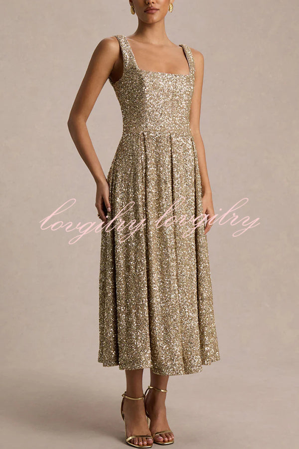 Effortless Sparkle Sequin Square Neck Wide Strap A-Line Midi Dress