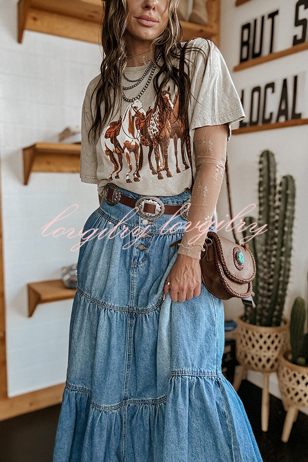 Bohemian High Rise Button Up Loose Denim Pocket Maxi Skirt