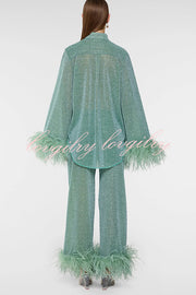 Glitter Fabric Feather Trim Long Sleeve Button Top and Elastic Waist Loose Straight Pants Set