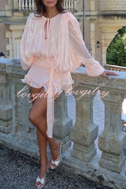 Ninah Glitter Fabric Pleated Balloon Sleeve Tiered Ruffle Hem Mini Dress