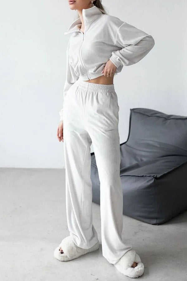 Solid Color Velvet Long-sleeved Zip-up Sweatshirt and Elastic Waist Casual Pocket Straight-leg Pants Set