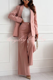 Solid Color Lapel Long Sleeve Casual Blazer and Pocket Wide Leg Pants Set