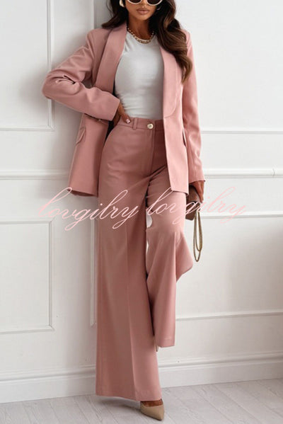 Solid Color Lapel Long Sleeve Casual Blazer and Pocket Wide Leg Pants Set