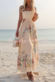 Cabo Sunsets Floral Print Petal Trim Back Lace-up Midi Dress