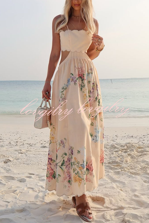 Cabo Sunsets Floral Print Petal Trim Back Lace-up Midi Dress