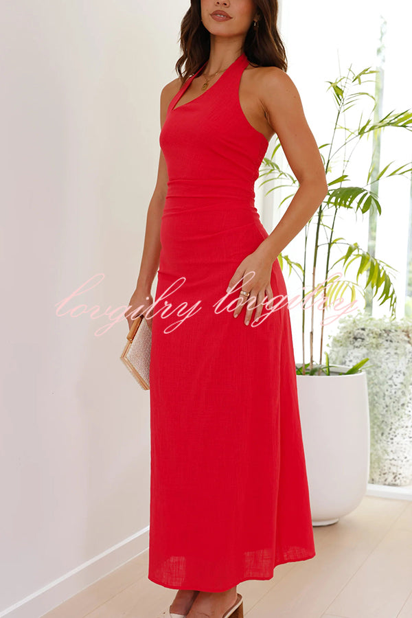 Solid Color Sleeveless Halter Neck Backless Slim Fit Maxi Dress