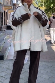 Fashion Sports Stripe Print and Ribbed Embroidered Long Sleeve Zipper Stand Nack Pocket Plush Coat