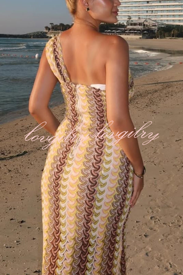 Colorful Zigzag Pattern Lace One-shoulder Slim Vacation Midi Dress