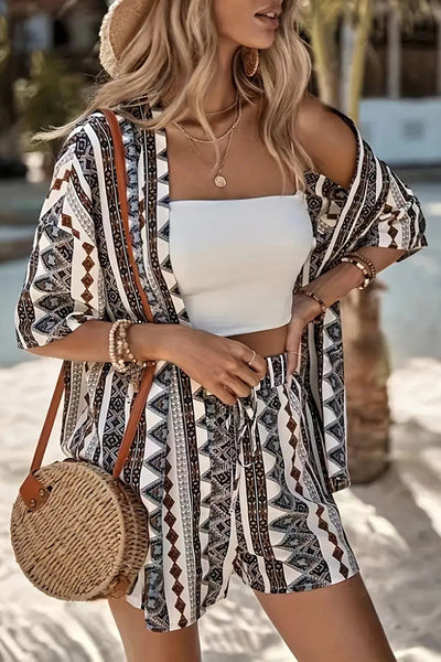 Unique Print Vacation Short-sleeved Cardigan Top and Elastic Waist Pocket Shorts Set