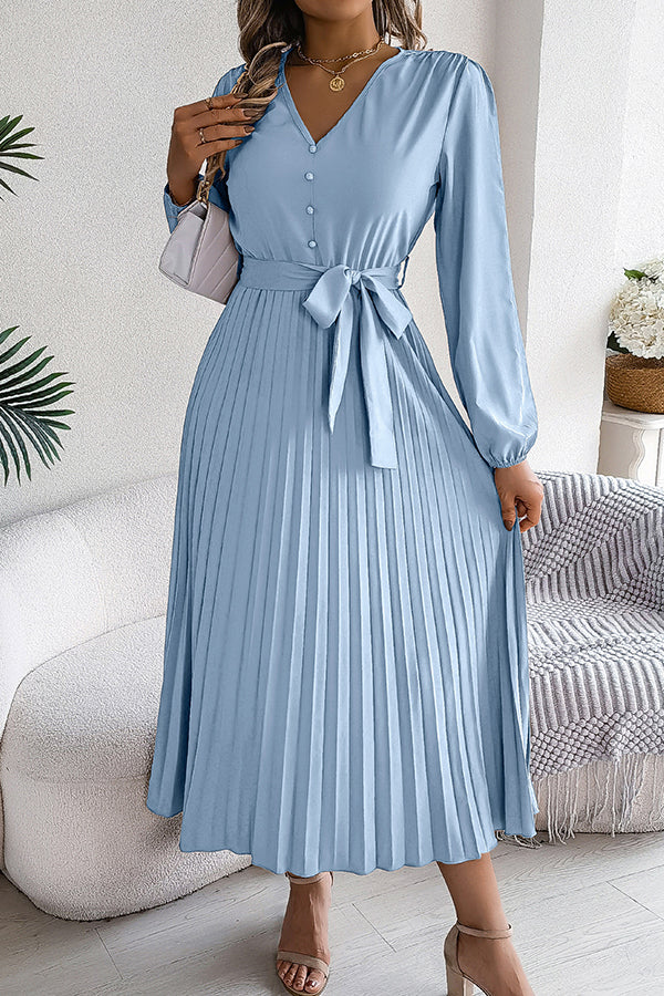 Solid Color Elegant V-neck Buttoned Lace-up Pleated Maxi Dress