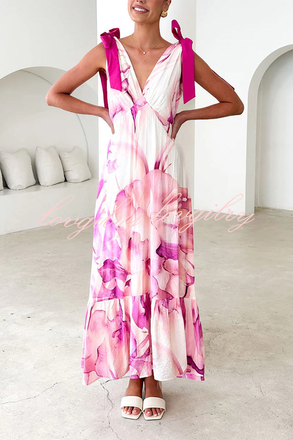 Unique Printed V-neck Sleeveless Lace-up Waist Maxi Dress