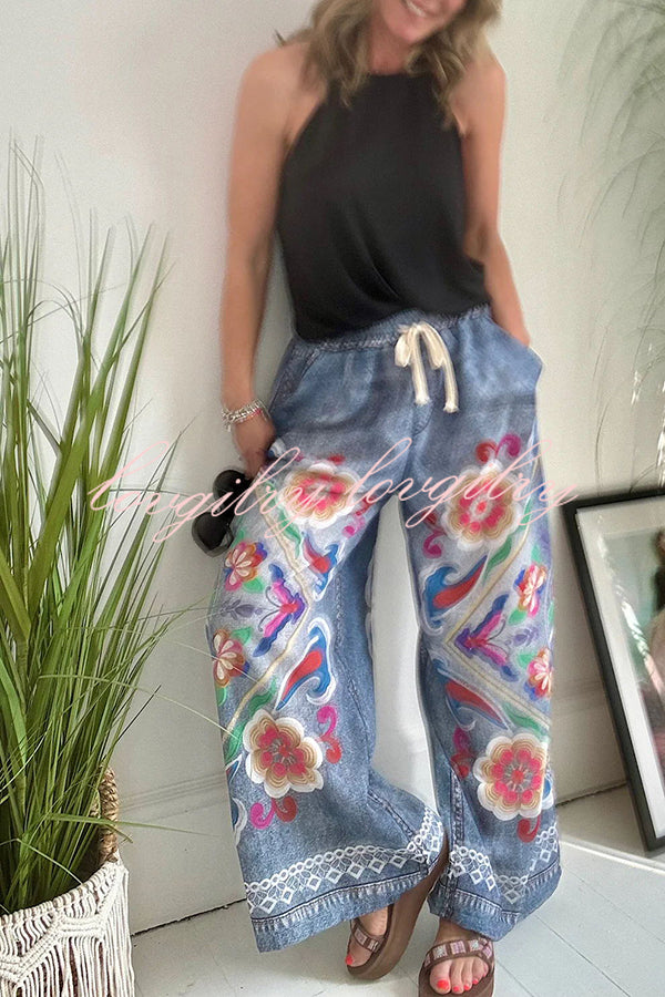 Hippie Style Unique Floral Denim Print Elastic Waist Pocket Wide Leg Pants