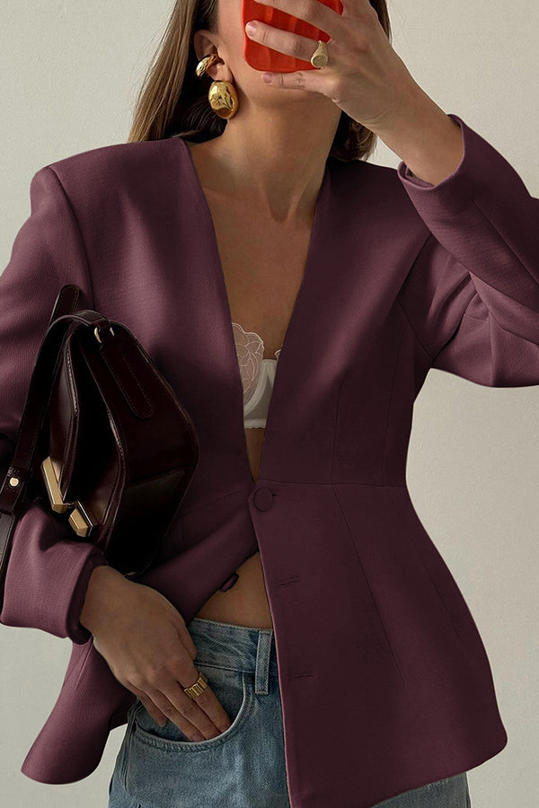 Solid Color Long-sleeved V-neck Button Casual Blazer