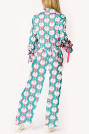 Christmas Printed Velvet Lace-up Long-sleeve Pocket Top and Elastic Waist Wide-leg Pants Set