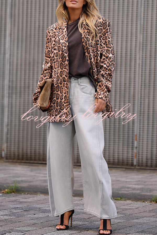 Catwalk Leopard Single Button Long Sleeve Pocketed Lapel Boyfriend Blazer