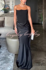 Attend The Gala Strapless Corset Satin Ruched Hip Drape Maxi Dress